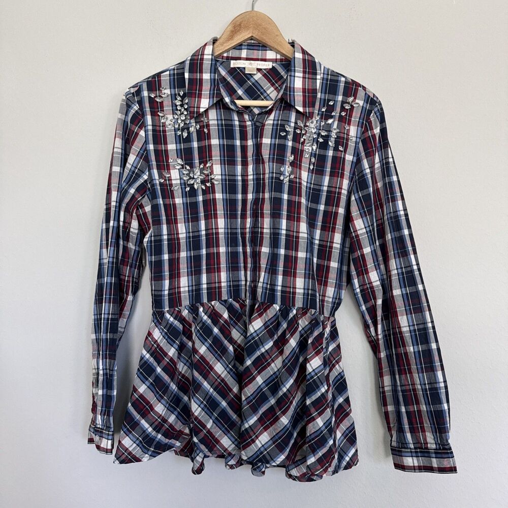 Boston Proper Plaid Embellished Peplum Blouse size 8 Brand New